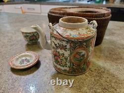 Antique Chinese Wicker Basket Teapot Teacup Travel Tea Set