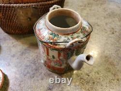 Antique Chinese Wicker Basket Teapot Teacup Travel Tea Set