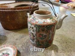 Antique Chinese Wicker Basket Teapot Teacup Travel Tea Set