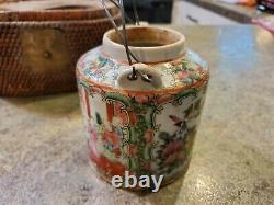 Antique Chinese Wicker Basket Teapot Teacup Travel Tea Set