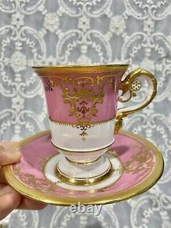 Antique Copeland Spode Tall Tea Cup Saucer Set Raised Gold Enamel HP Pink