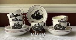 Antique Crown Staffordshire 12-piece Porcelain Grisaille Teacups & Saucers