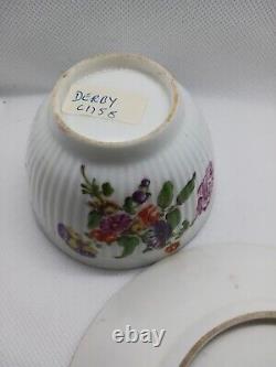 Antique Derby Tea Bowl And Saucer Floral Ribbed 1758 Rose Bouquet READ