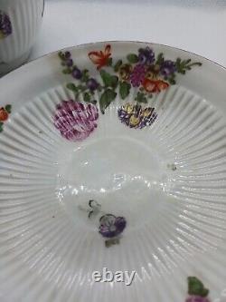Antique Derby Tea Bowl And Saucer Floral Ribbed 1758 Rose Bouquet READ