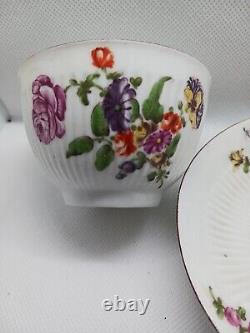 Antique Derby Tea Bowl And Saucer Floral Ribbed 1758 Rose Bouquet READ