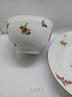 Antique Derby Tea Bowl And Saucer Floral Ribbed 1758 Rose Bouquet READ