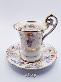 Antique Dresden German Richard Klemm Bird Head Figure Handle Floral Cup Saucer