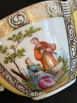 Antique Dresden Handpainted Teacup and Saucer Quatrefoil Watteau Scene Donath Co