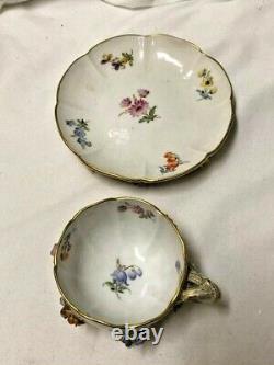 Antique Dresden Tea Cup & Saucer, APPLIED FLOWERS Footed Crossed Swords Mark