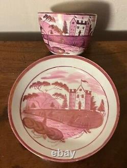Antique Early 19th century English Staffordshire Pink Luster Tea Cup & Saucer