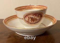 Antique Early 19th century New Hall Porcelain Tea Cup & Saucer Sepia Landscapes