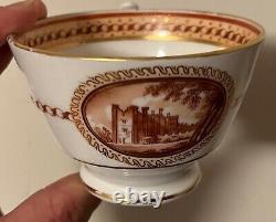 Antique Early 19th century New Hall Porcelain Tea Cup & Saucer Sepia Landscapes