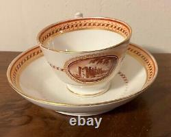 Antique Early 19th century New Hall Porcelain Tea Cup & Saucer Sepia Landscapes