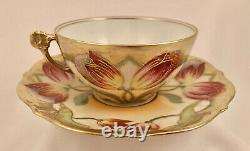 Antique Elite Limoges Tea Cup & Saucer, Art Nouveau Tulips, Artist Signed