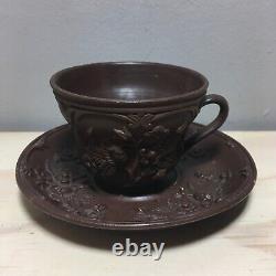 Antique Ferdinand Gerbing FGW Strawberries Brown Terracotta Teacup Saucer 1800s