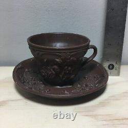 Antique Ferdinand Gerbing FGW Strawberries Brown Terracotta Teacup Saucer 1800s