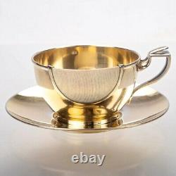 Antique French Gilt Sterling Silver Tea Coffee Cup Saucer Set Keller Art Deco