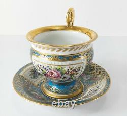 Antique French Sevres Type Teacup and Saucer Floral Gilt Decoration