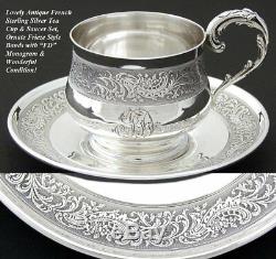 Antique French Sterling Silver Tea Cup & Saucer Set, Ornate Frieze Style Bands