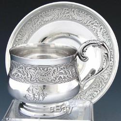 Antique French Sterling Silver Tea Cup & Saucer Set, Ornate Frieze Style Bands