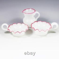 Antique French hand blown white opaline glass set two Cups and Creamer