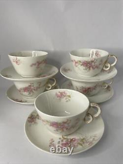 Antique GDA Limoges Set Of 5 Coffee/ Tea Cups pink blue flowers bow handle gold