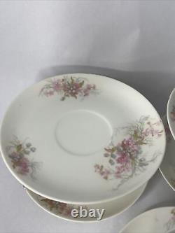 Antique GDA Limoges Set Of 5 Coffee/ Tea Cups pink blue flowers bow handle gold