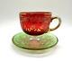 Antique Gilt Enameled Moser Bohemian Cranberry Glass Tea Cup & Green Saucer