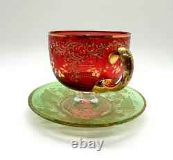 Antique Gilt Enameled Moser Bohemian Cranberry Glass Tea Cup & Green Saucer