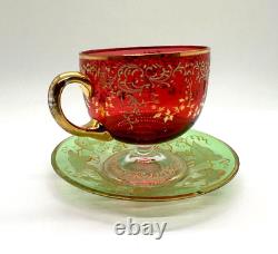 Antique Gilt Enameled Moser Bohemian Cranberry Glass Tea Cup & Green Saucer