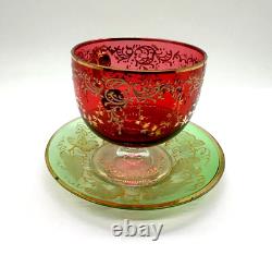 Antique Gilt Enameled Moser Bohemian Cranberry Glass Tea Cup & Green Saucer