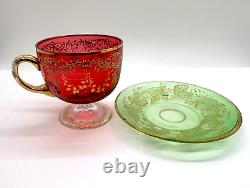 Antique Gilt Enameled Moser Bohemian Cranberry Glass Tea Cup & Green Saucer