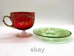 Antique Gilt Enameled Moser Bohemian Cranberry Glass Tea Cup & Green Saucer