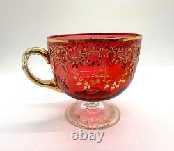 Antique Gilt Enameled Moser Bohemian Cranberry Glass Tea Cup & Green Saucer