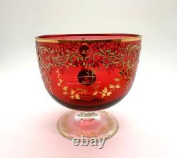 Antique Gilt Enameled Moser Bohemian Cranberry Glass Tea Cup & Green Saucer