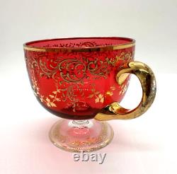 Antique Gilt Enameled Moser Bohemian Cranberry Glass Tea Cup & Green Saucer