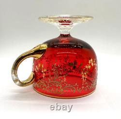 Antique Gilt Enameled Moser Bohemian Cranberry Glass Tea Cup & Green Saucer