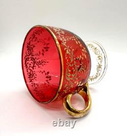 Antique Gilt Enameled Moser Bohemian Cranberry Glass Tea Cup & Green Saucer