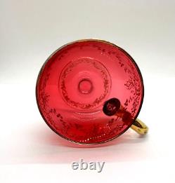 Antique Gilt Enameled Moser Bohemian Cranberry Glass Tea Cup & Green Saucer