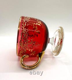 Antique Gilt Enameled Moser Bohemian Cranberry Glass Tea Cup & Green Saucer