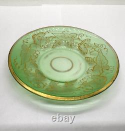 Antique Gilt Enameled Moser Bohemian Cranberry Glass Tea Cup & Green Saucer