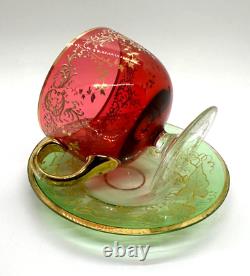 Antique Gilt Enameled Moser Bohemian Cranberry Glass Tea Cup & Green Saucer