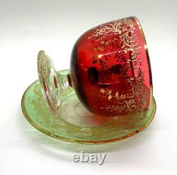 Antique Gilt Enameled Moser Bohemian Cranberry Glass Tea Cup & Green Saucer