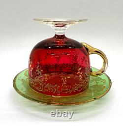 Antique Gilt Enameled Moser Bohemian Cranberry Glass Tea Cup & Green Saucer