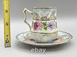 Antique Hand Painted Teacup & Saucer Heavy Enamel Floral Gold Nippon Or Dresden