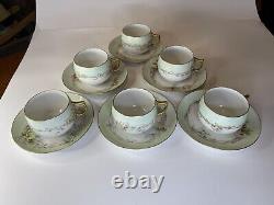 Antique Handpainted J & C Bavarian Fine Bone Tea Cup And Saucer Set O 6 RARE