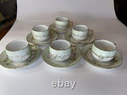 Antique Handpainted J & C Bavarian Fine Bone Tea Cup And Saucer Set O 6 RARE