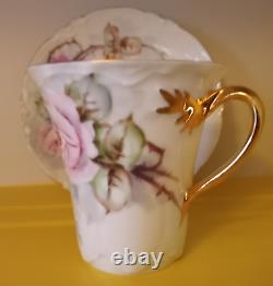 Antique Haviland France Teacup & Saucer Hand Painted Pink Floral Gold Signed