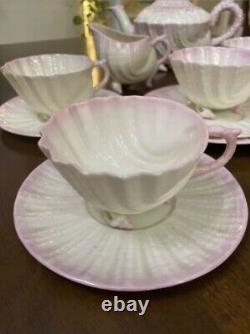 Antique Irish Belleek Neptune Shell Pink Tea Set cup Saucer Teapot