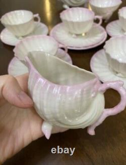 Antique Irish Belleek Neptune Shell Pink Tea Set cup Saucer Teapot